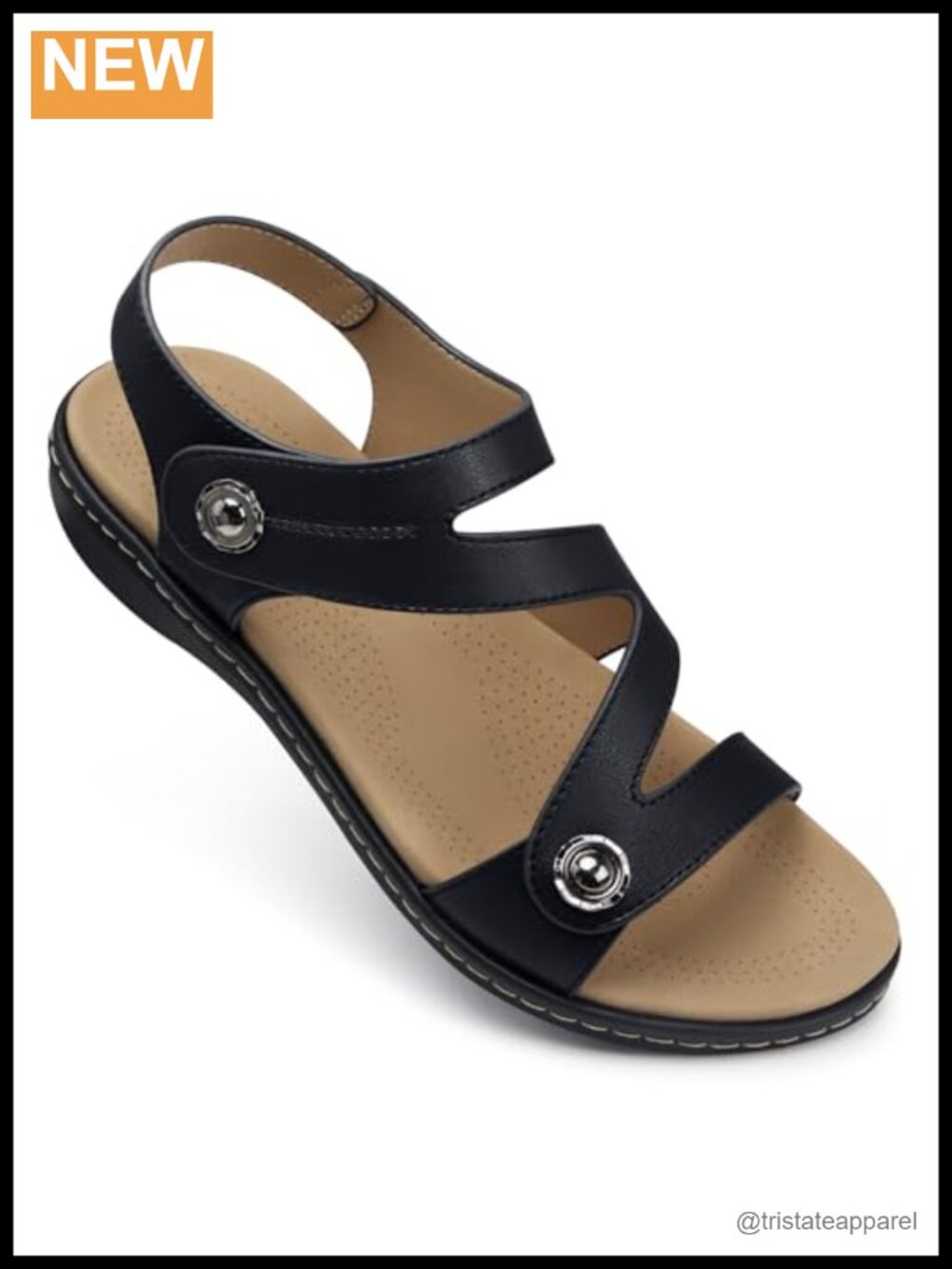 Women's Faux Leather Flat Sandals with Arch Support Ankle Strap Open Toe